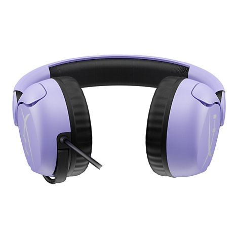 Un casque de jeu violet clair, avec un bandeau et des coussinets d'oreille noirs.