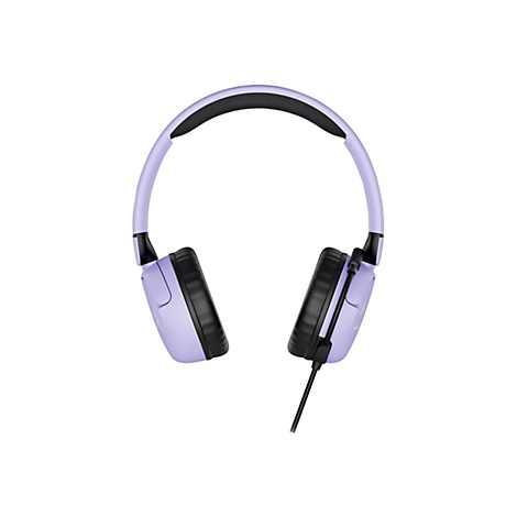 Casque audio lilas clair sur fond blanc, coussinets d'écouteurs noirs et câble noir.