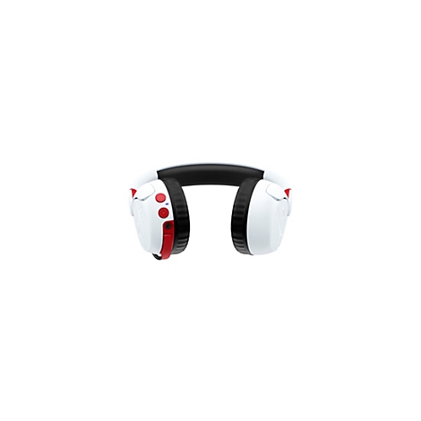 Casque de jeu blanc avec des accents rouges. Bandeau noir. Boutons et détails en rouge.