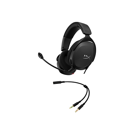 Schwarzes Gaming-Headset, mit Mikrofon und separatem Kabel mit Anschlüssen. Auf dem linken Ohr befindet sich das HyperX-Logo.