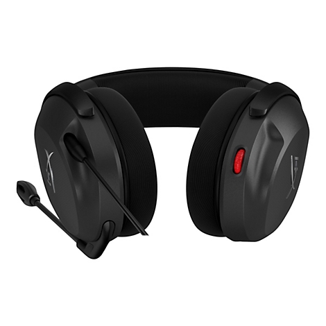 Schwarzes Gaming-Headset mit Mikrofon und rotem Knopf. Das Headset ist vor weißem Hintergrund platziert.
