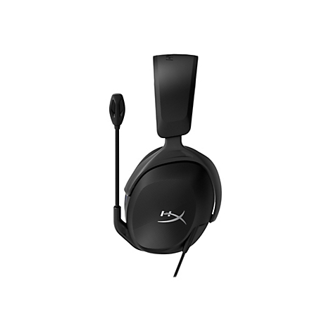 Schwarzes Gaming-Headset mit Mikrofon, auf weißem Hintergrund. Auf dem Kopfhörer ist ein Logo zu sehen.
