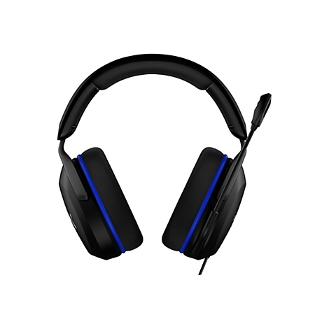 Schwarzes Gaming-Headset mit blauen Akzenten und Mikrofon vor weißem Hintergrund.
