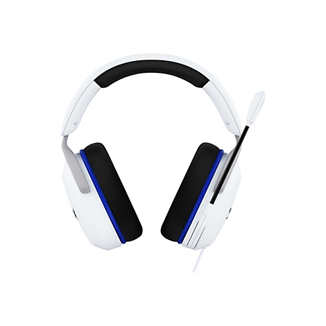 WeiÃŸes Gaming-Headset mit schwarzer Polsterung und blauem Akzent, eingebautem Mikrofon. Auf weiÃŸem Hintergrund.
