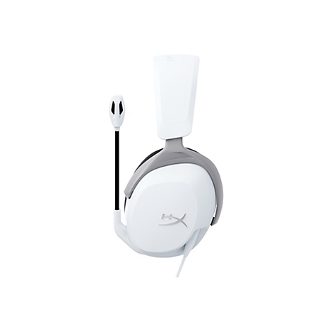 WeiÃŸes Gaming-Headset mit Mikrofon. Das Headset hat einen grauen BÃ¼gel und das Logo der Marke.