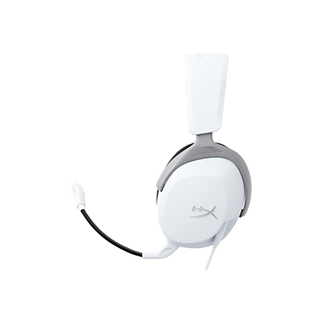 WeiÃŸes Gaming-Headset mit Mikrofon, grauen Akzenten und HyperX-Logo.