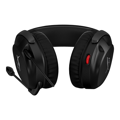 Schwarzes Gaming-Headset mit Mikrofon. Der verstellbare Mikrofonarm geht von der linken Ohrmuschel aus. Rechts eine rote Taste.
