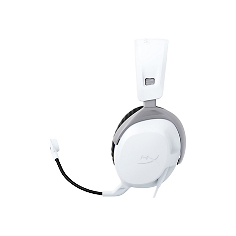 Un casque de jeu blanc avec une arche grise et un microphone s'étendant de l'écouteur gauche.