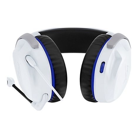 Casque de jeu blanc avec écouteurs bleus et noirs, microphone et boutons de commande. Sur fond blanc.
