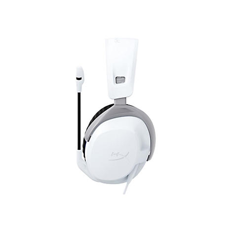 Casque de jeu blanc avec microphone, accents gris et câble blanc sur fond blanc.