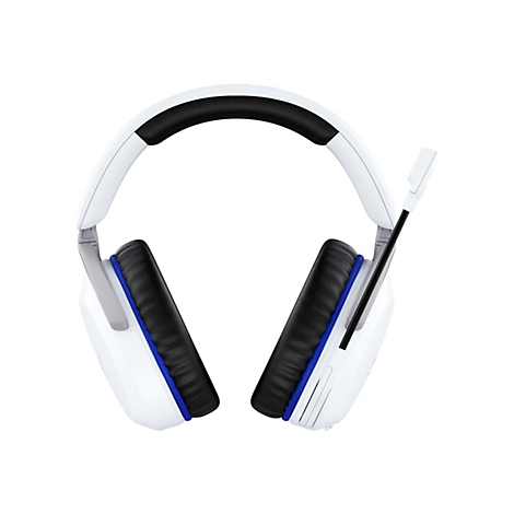 Casque de jeu blanc avec serre-tête et coussinets noirs. Accents bleus.