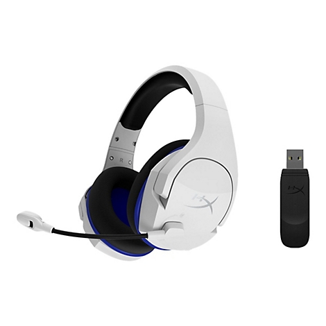 Casque de jeu blanc avec accent bleu, microphone et dongle USB sur fond blanc.