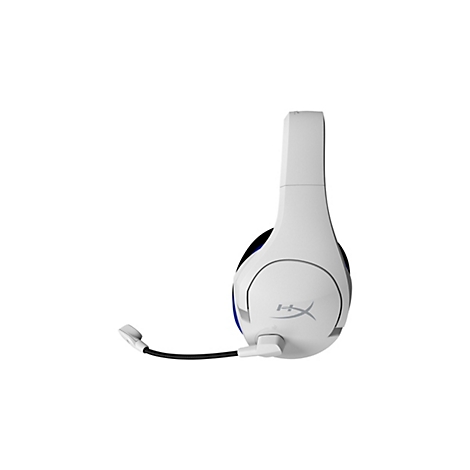Casque de jeu blanc avec un accent bleu et un microphone. Sur fond blanc. Le logo HyperX est visible.
