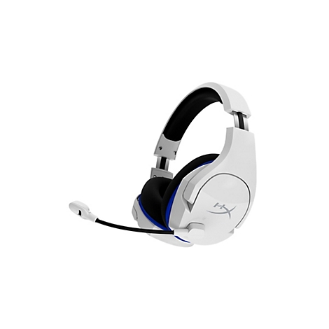 Casque de jeu blanc avec accent bleu, microphone et logo HyperX.
