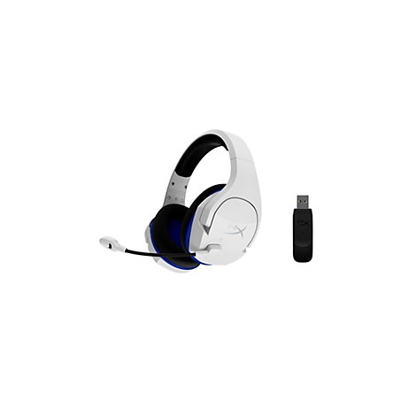 Casque de jeu blanc avec des détails bleu et noir, microphone et récepteur USB sur fond blanc.