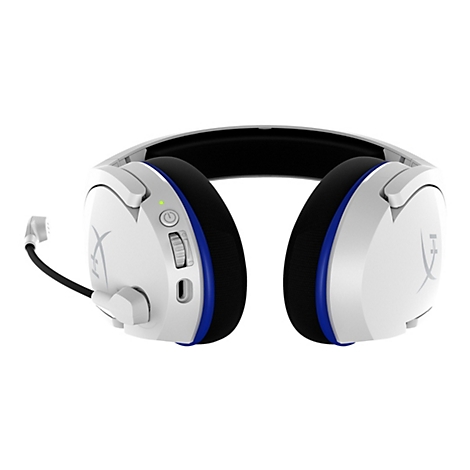 Casque de jeu blanc avec un accent bleu. Un microphone est fixé sur l'écouteur gauche. Le logo HyperX est sur les écouteurs.