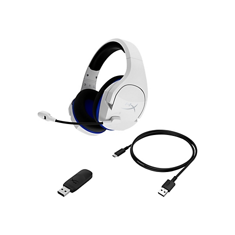 Weißes Gaming-Headset mit Mikrofon, USB-Kabel und Empfänger. Das Headset hat blaue Akzente.