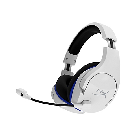 Weißes Gaming-Headset mit Mikrofon, blaue Akzente und HyperX-Logo.