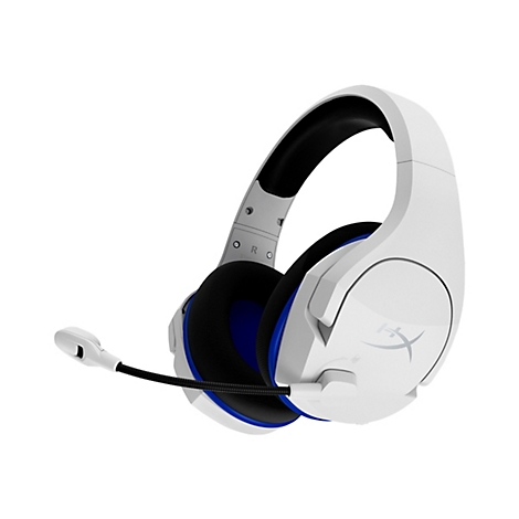 Weißes Gaming-Headset mit Mikrofon, blaue Akzente, Logo.
