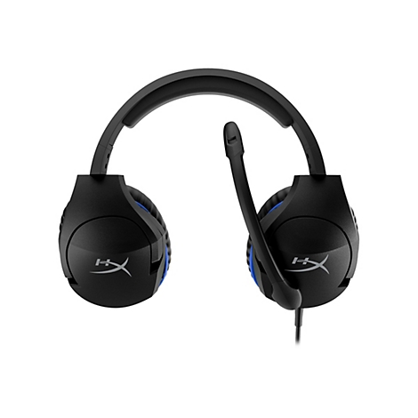 Schwarzes Gaming-Headset mit blauem Akzent. Sichtbarer Mikrofonarm und Kabel.