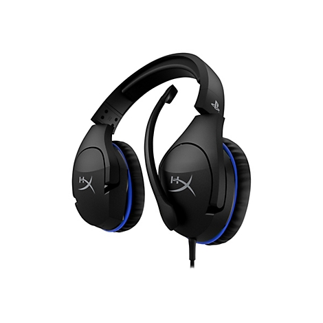 Schwarzes Gaming-Headset mit blauen Akzenten, Mikrofon und Logo.