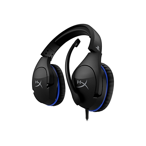 Schwarzes Gaming-Headset mit blauen Akzenten und Mikrofon. HyperX-Logo auf den Ohrmuscheln.