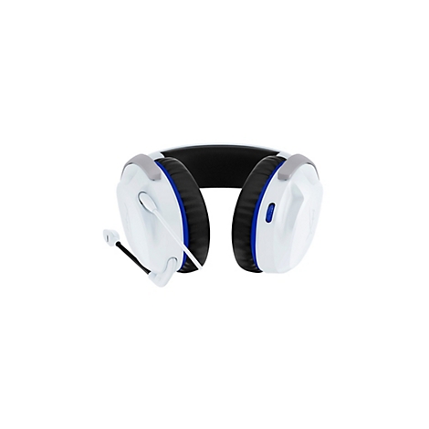 Casque de jeu blanc avec des accents bleu-gris. Microphone, oreillettes, bandeau rembourré. Sur fond blanc.