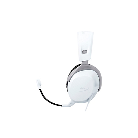 Casque de jeu blanc avec des accents gris sur fond blanc. On peut voir le microphone, le bandeau avec réglage et les oreillettes avec le logo HyperX.