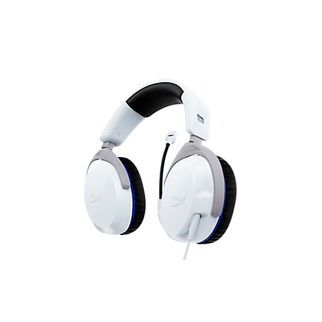 Casque de jeu blanc avec des détails gris et un microphone sur fond blanc.