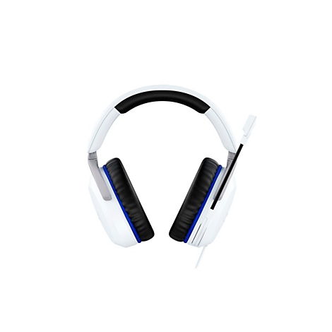 Casque de jeu blanc avec accent bleu, coussinet d'écouteur noir et microphone.
