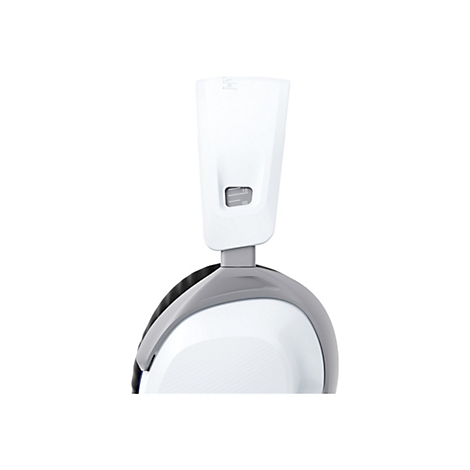 Gros plan d'un casque blanc avec un arc gris. Une échelle avec "10" et "00" est visible sur le support.