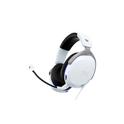 Casque de jeu blanc avec microphone sur fond blanc. Le casque a un bandeau blanc avec un coussin noir et des détails gris.