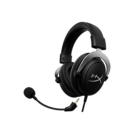 Schwarzes Gaming-Headset mit Mikrofon. Silberfarbene Akzente, HyperX-Logo auf den Ohrmuscheln, Klinkenstecker.