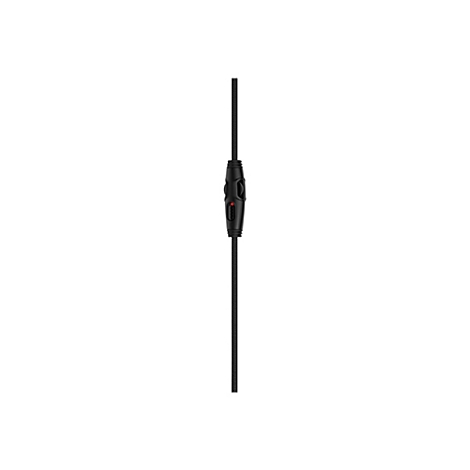 Nahaufnahme eines schwarzen Headset-Kabels mit integrierter Fernbedienung und roter LED-Anzeige.