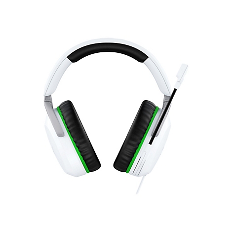 Casque de jeu blanc avec des oreillettes noires et une bordure verte. Un microphone est fixé à l'écouteur droit.