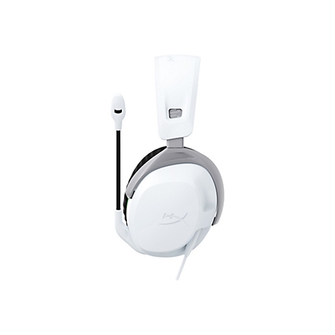 Casque de jeu blanc avec microphone, détails gris et noirs, isolé sur fond blanc.