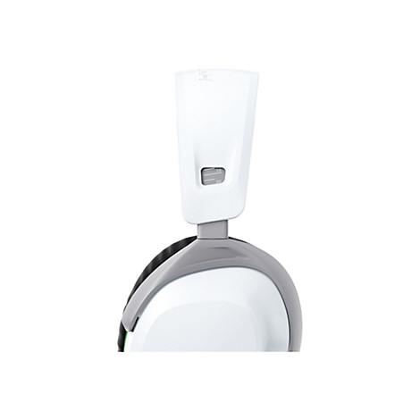 Gros plan d'un casque de jeu blanc. Une échelle est visible sur le bandeau avec l'inscription "10" et "00".