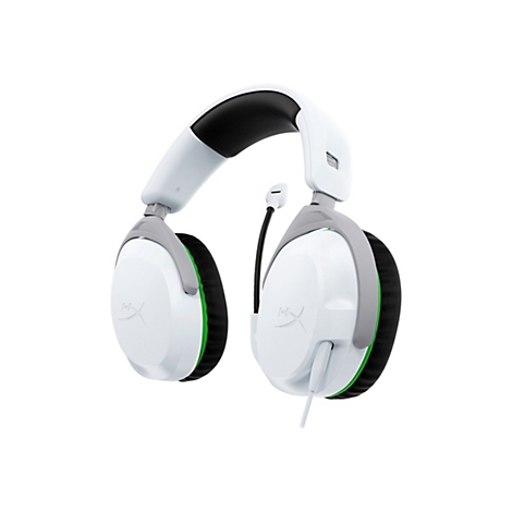 Casque de jeu blanc avec microphone. Couvercle d'écouteur noir, accent vert. Imprimé 'HyperX'.