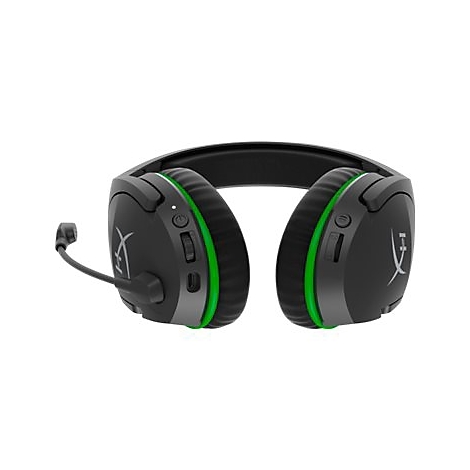Schwarzes Gaming-Headset mit grünen Akzenten, Mikrofon und Logo.
