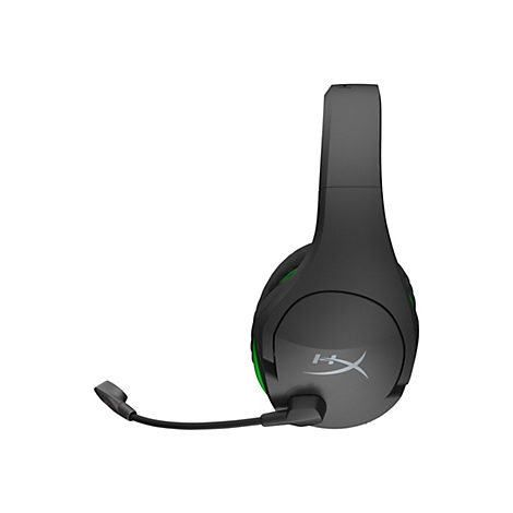 Schwarzes Gaming-Headset mit grünem Akzent und Mikrofon, das nach links zeigt.