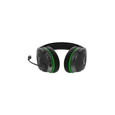 Casque de jeu noir avec des accents verts, un microphone et le logo HyperX, sur fond blanc.