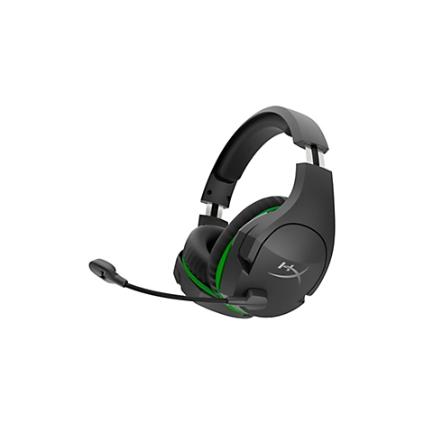 Casque de jeu noir avec des accents verts et un microphone, sur fond blanc.