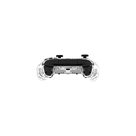 Ein durchsichtiger Gamecontroller, mit schwarzen Knöpfen und Sticks auf weißem Hintergrund.