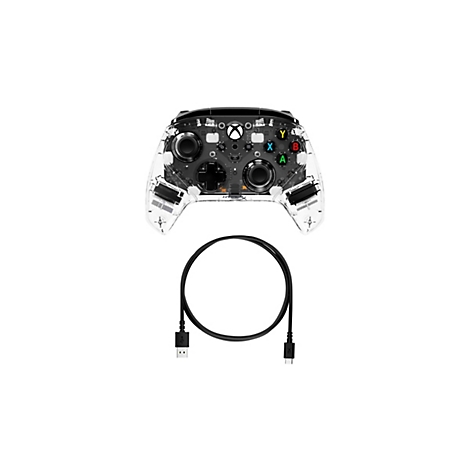 Transparenter Xbox-Controller mit Kabel vor weißem Hintergrund. Tasten: X, Y, A, B. Sichtbare Innenleben.