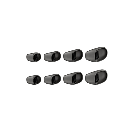 Huit embouts d'oreille gris de différentes tailles. XS, S, M et L sont étiquetés à l'intérieur. Sur fond blanc.