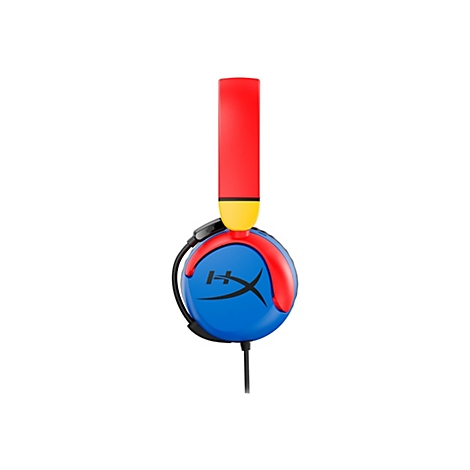 Casque de jeu bleu avec bandeau rouge, accents jaunes et noirs. Connexion filaire.
