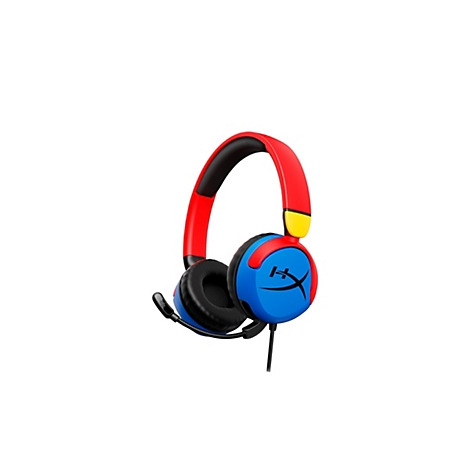 Casque bleu et rouge avec microphone sur fond blanc. L'arceau est rouge, les écouteurs sont bleus avec le logo HyperX.