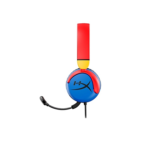 Casque de jeu bleu et rouge avec microphone, logo HyperX, serre-tête rouge, transition jaune et câble noir.