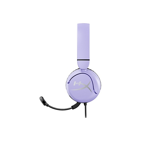 Casque de jeu violet clair avec microphone, logo HyperX, câble. Sur fond blanc.