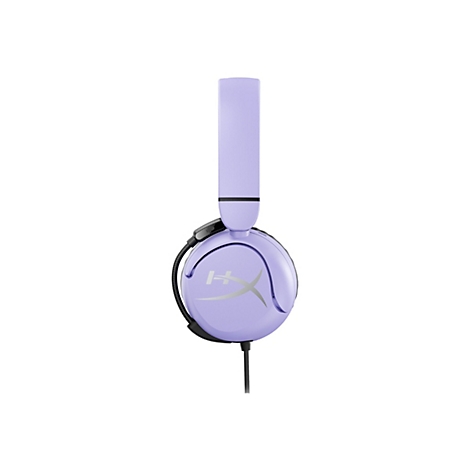 Casque violet clair, marque HyperX, sur fond blanc. L'oreillette affiche le logo.
